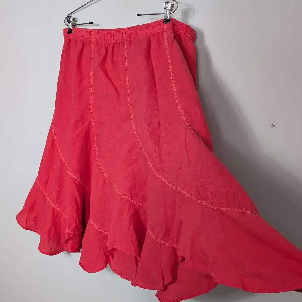 Linen Midi Skirt XL Coral Pink Ruffle Lace Boho A-Line Elastic Pull On Fairy Y2K - Picture 3 of 9